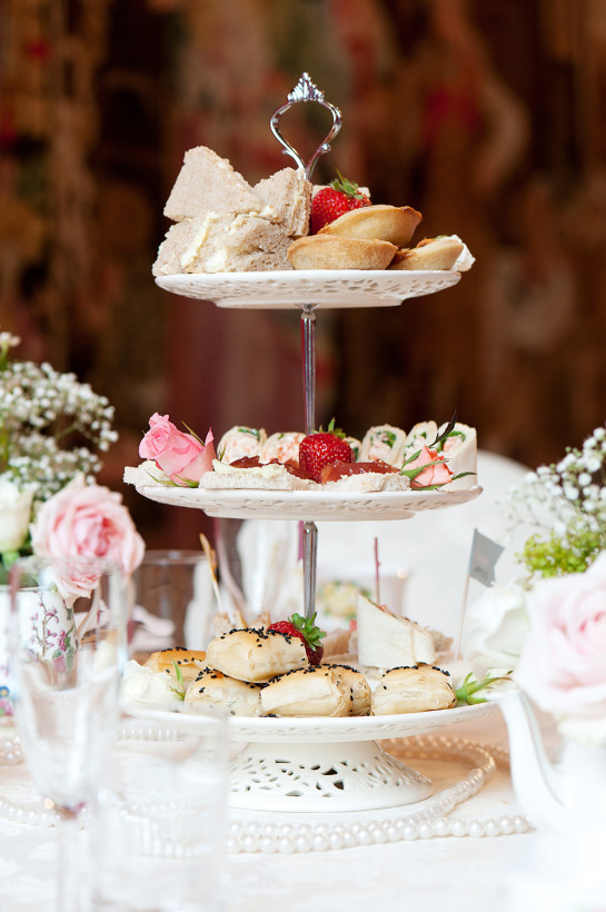 A vintage high tea for the wedding breakfast works so well in the Great Hall.