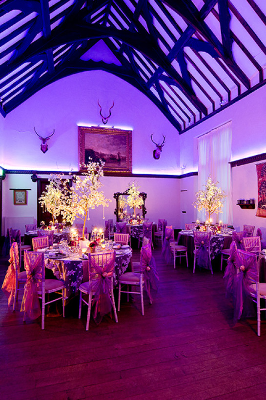 The led lighting in the Great Hall can compliment your wedding colours scheme for dramatic results at nighttime.